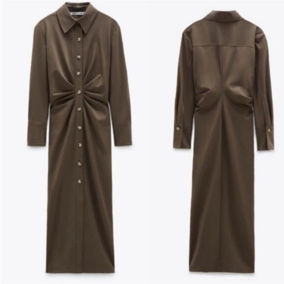Zara | Blogger Fav Taupe Brown Draped‎ Ruched Front Midi Button-down Dress Sz M - Picture 2 of 12